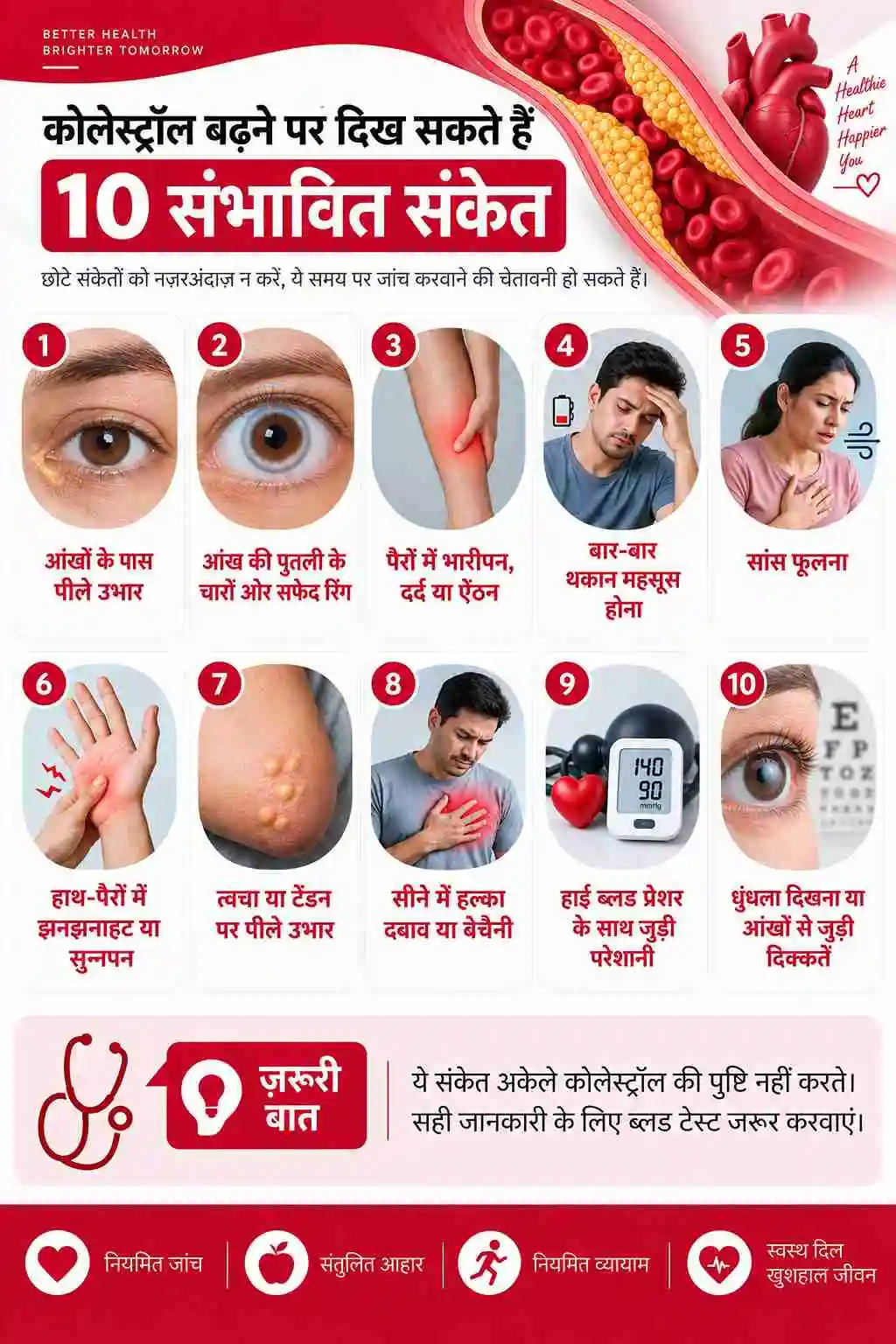 कोलेस्ट्रॉल बढ़ने पर शरीर में दिखने वाले 10 संभावित