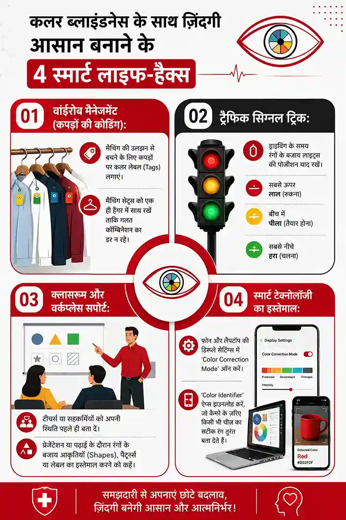 कलर ब्लाइंडनेस वाले लोगों के लिए रोजमर्रा की जिंदगी को आसान बनाने वाले उपयोगी लाइफस्टाइल टिप्स और रंग पहचानने के तरीके।
