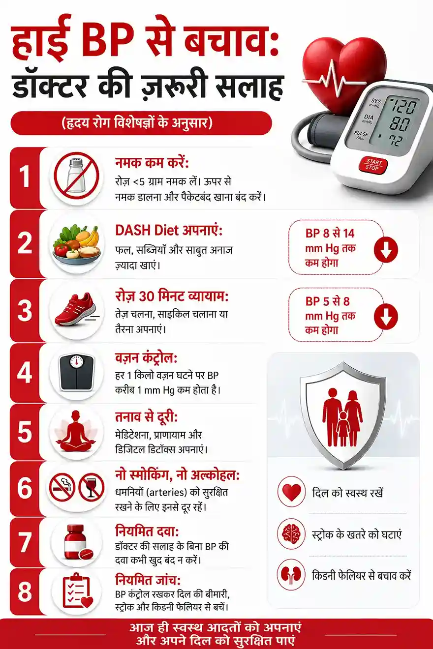 डॉक्टर हाई ब्लड प्रेशर से बचाव के लिए नियमित बीपी चेक और हेल्दी लाइफस्टाइल अपनाने की सलाह देते हुए