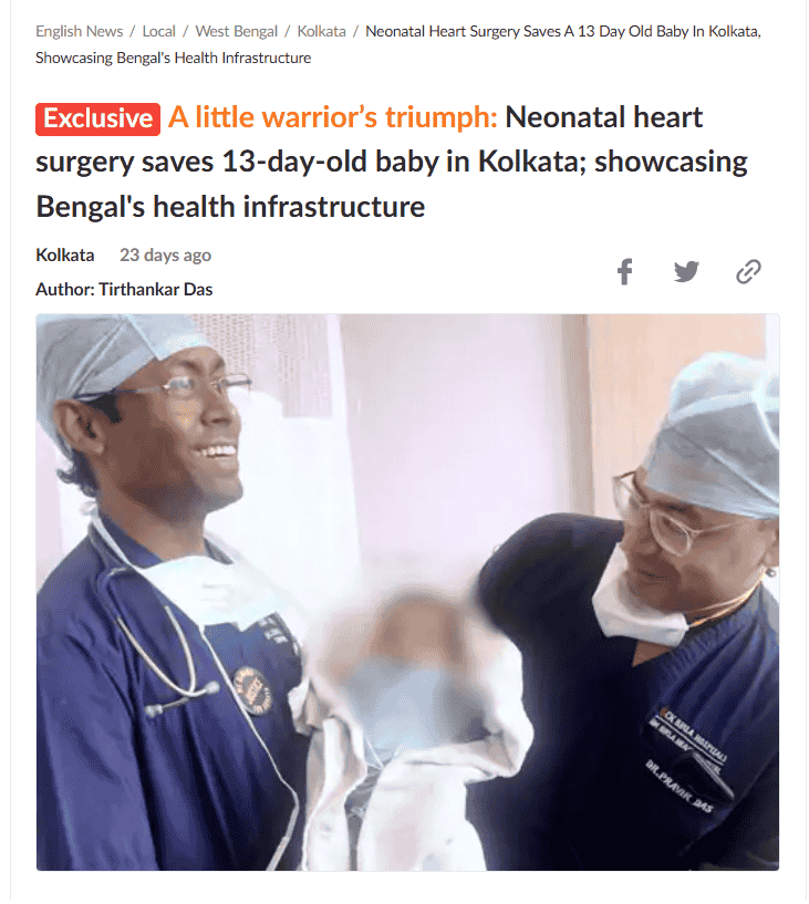 A little warrior’s triumph:Neonatal heart surgery saves 13-day-old baby in Kolkata; showcasing Bengal's health infrastructure